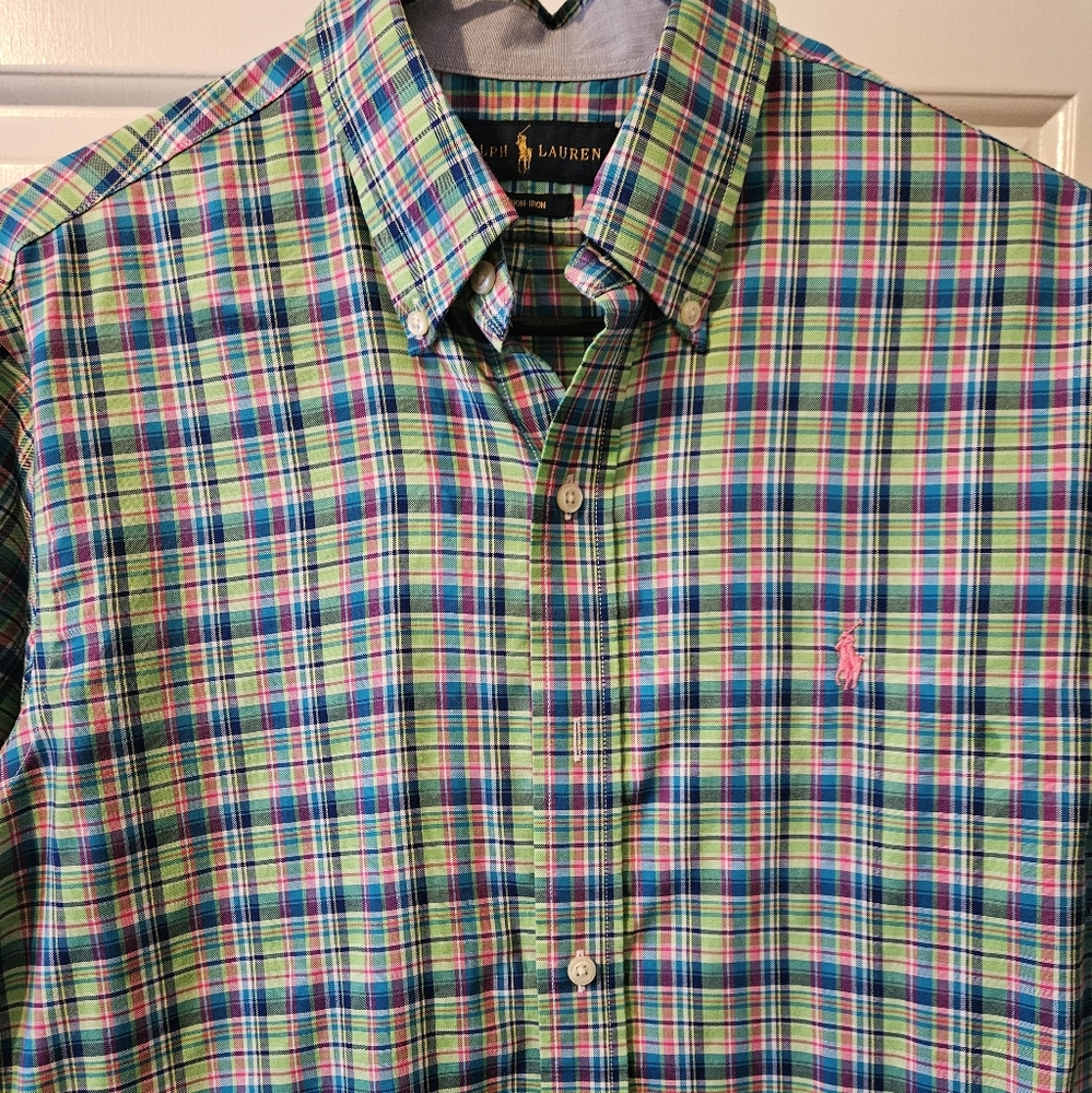 Polo Ralph Lauren Men's Green Plaid Long Sleeve Non-Iron Shirt - Size M